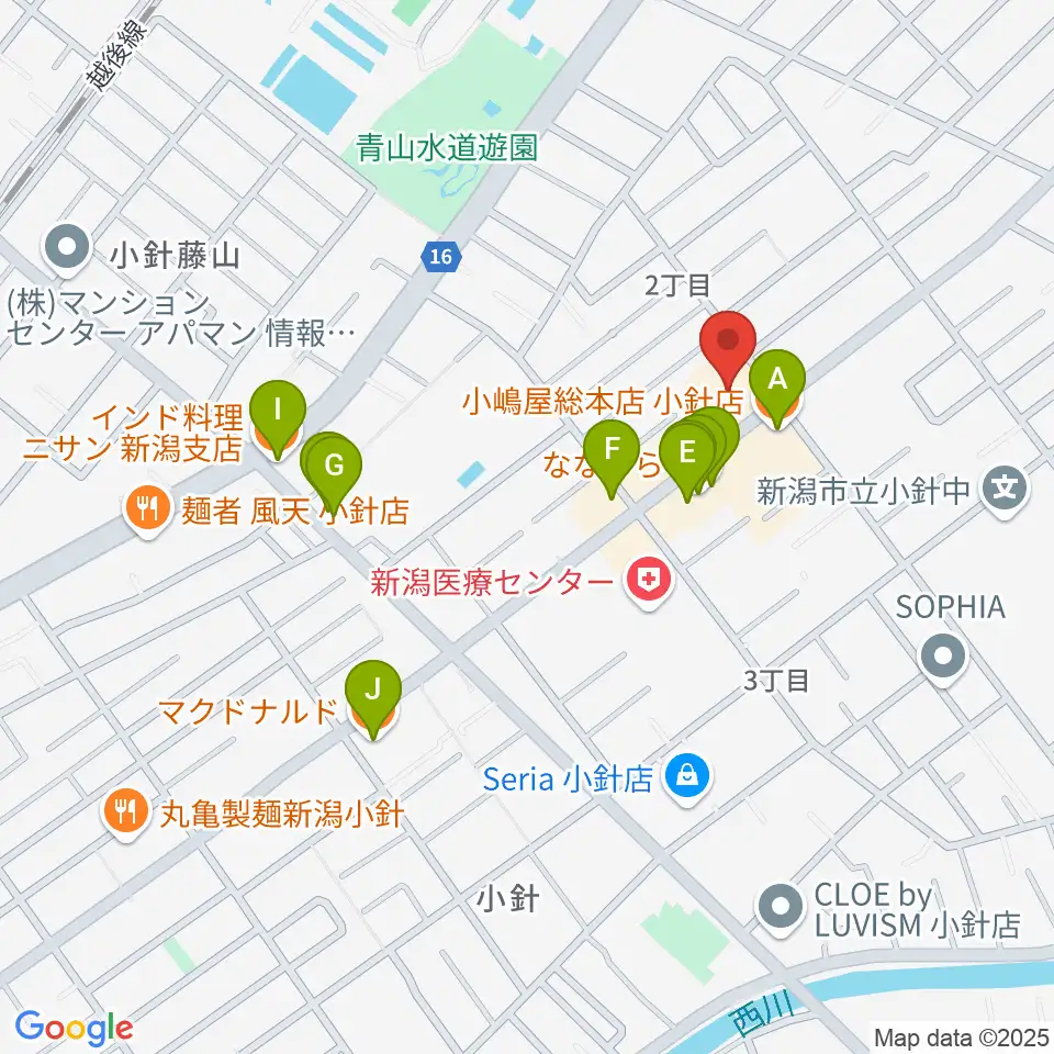 西新潟市民会館周辺のファミレス・ファーストフード一覧地図