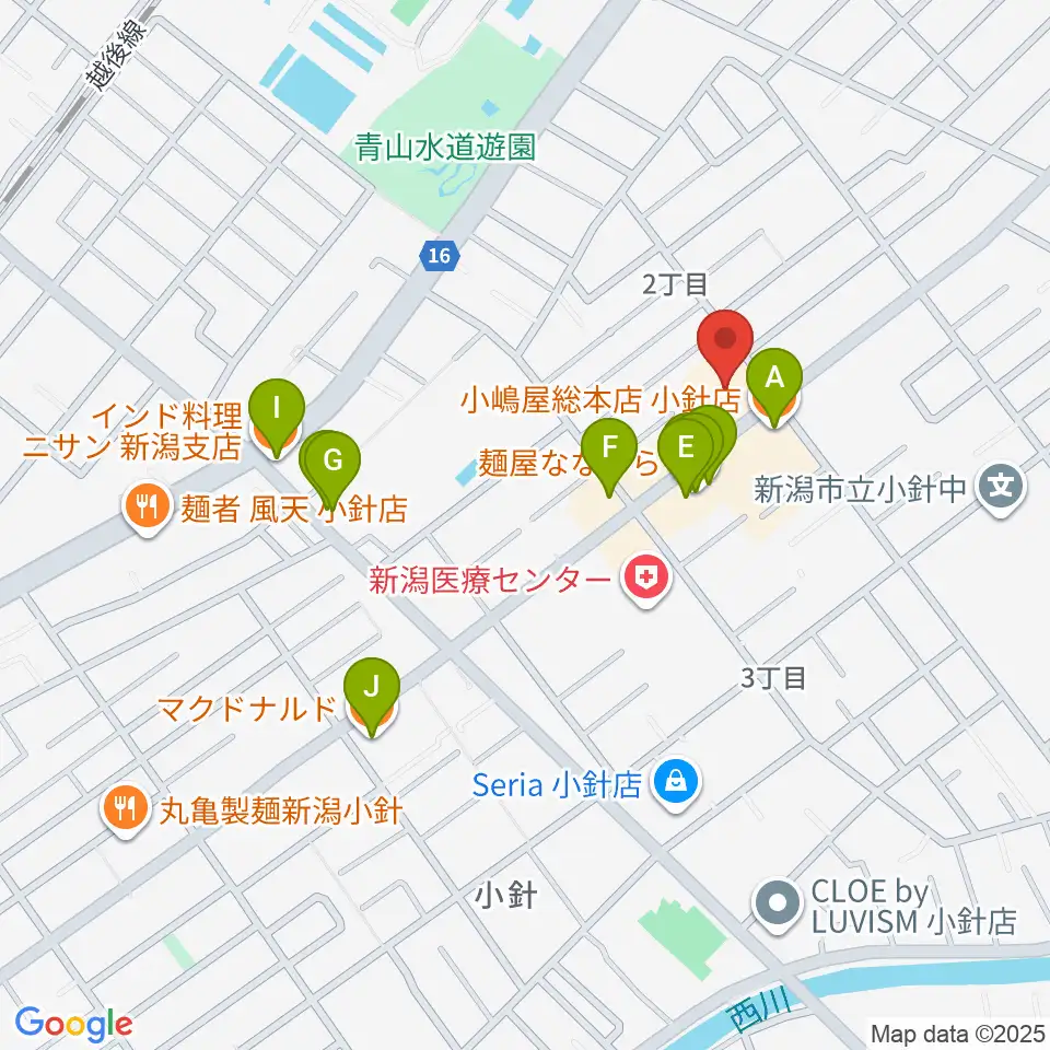 西新潟市民会館周辺のファミレス・ファーストフード一覧地図