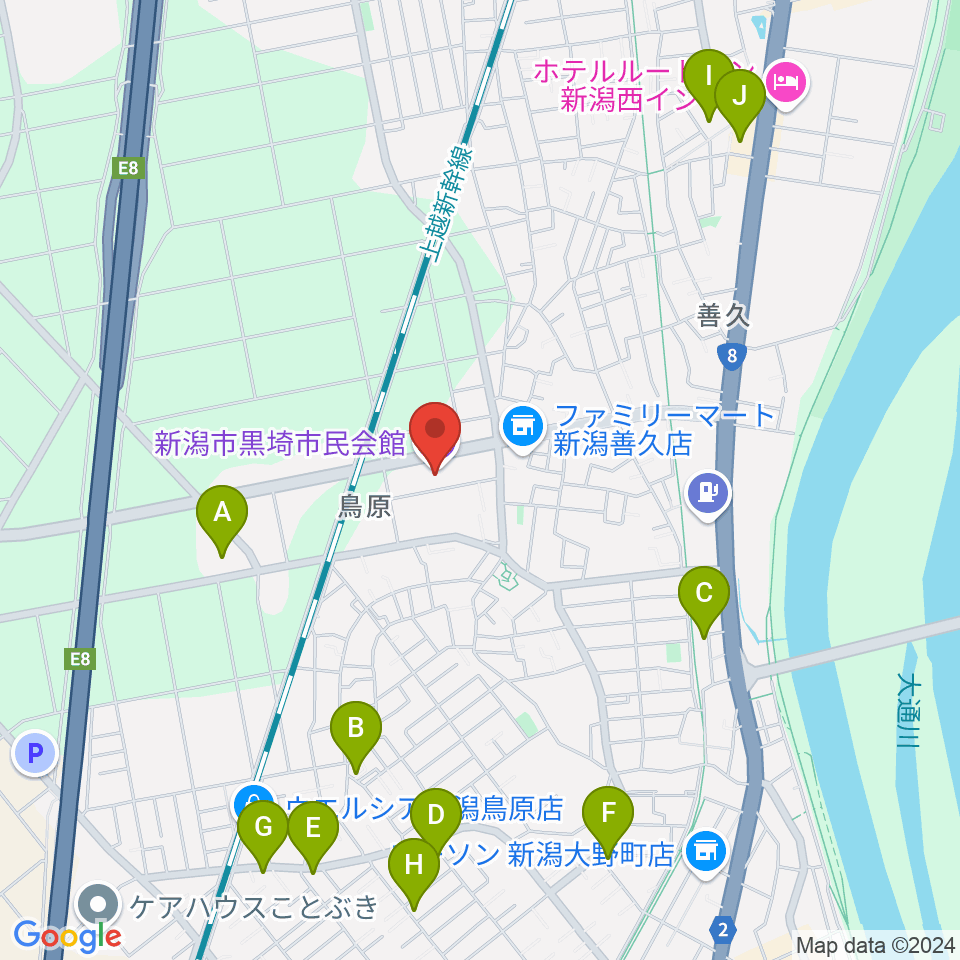 黒埼市民会館周辺のファミレス・ファーストフード一覧地図