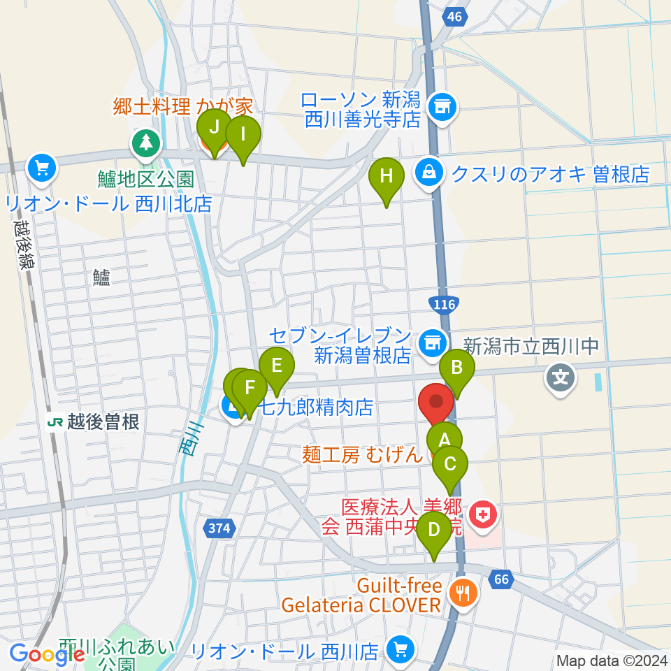 西川多目的ホール周辺のファミレス・ファーストフード一覧地図