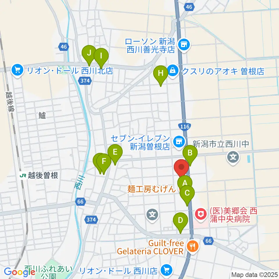 西川多目的ホール周辺のファミレス・ファーストフード一覧地図