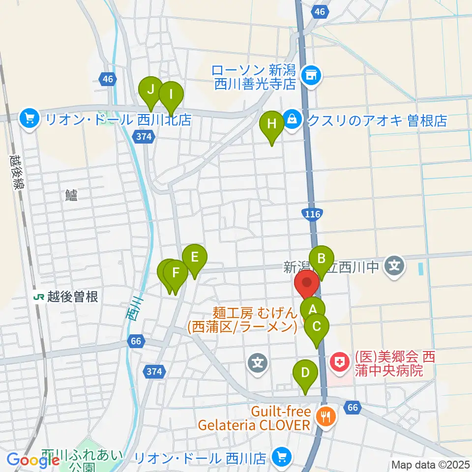 西川多目的ホール周辺のファミレス・ファーストフード一覧地図