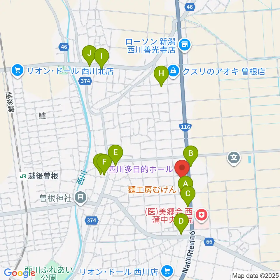 西川多目的ホール周辺のファミレス・ファーストフード一覧地図