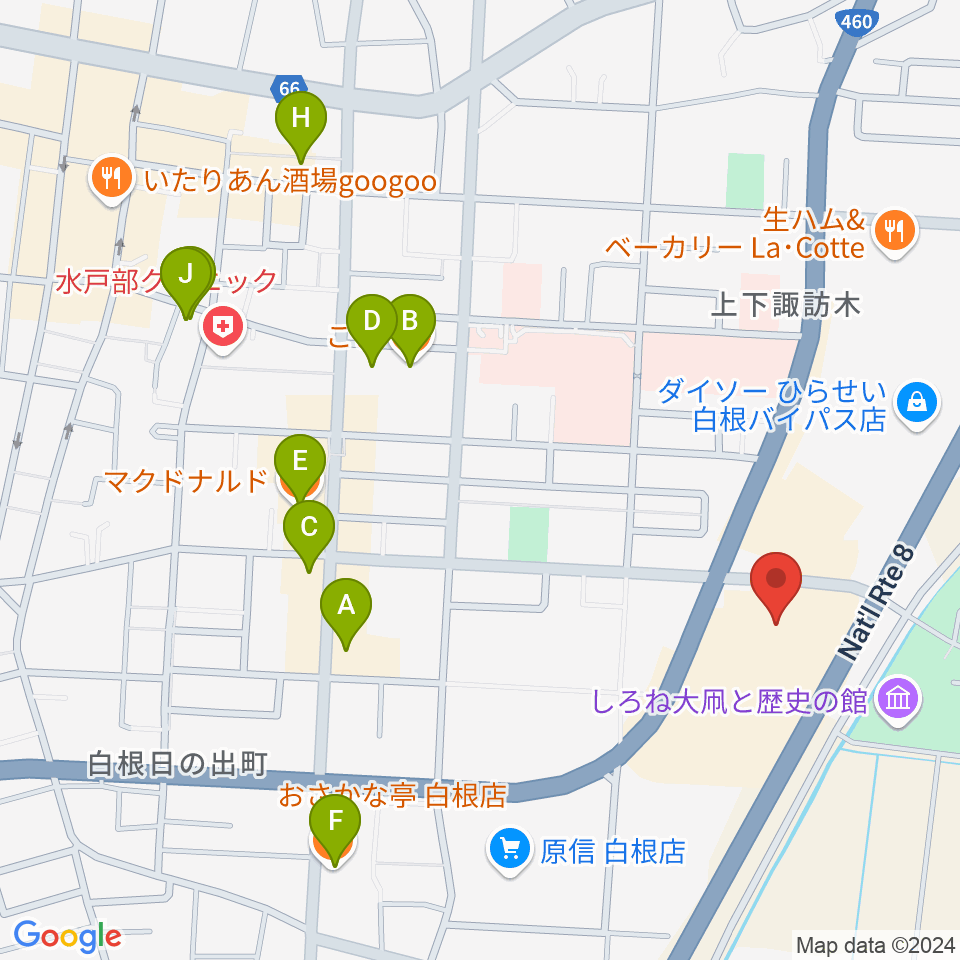 白根学習館 ラスペックホール周辺のファミレス・ファーストフード一覧地図