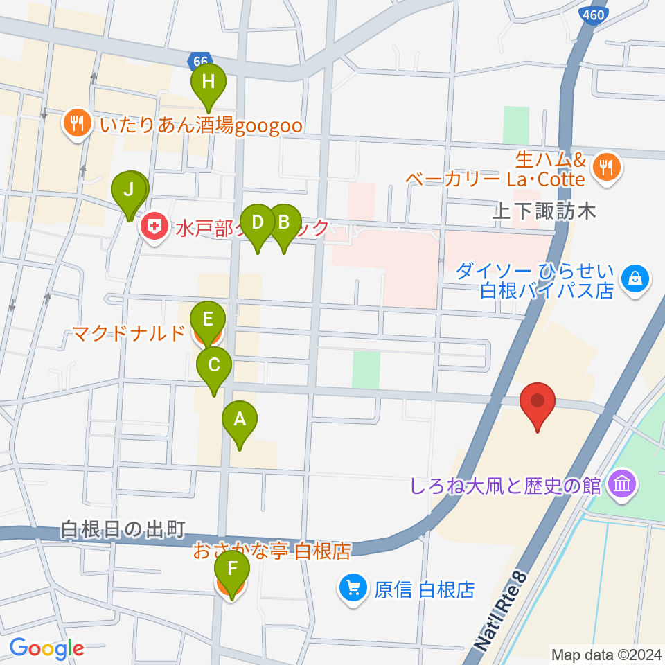 白根学習館 ラスペックホール周辺のファミレス・ファーストフード一覧地図