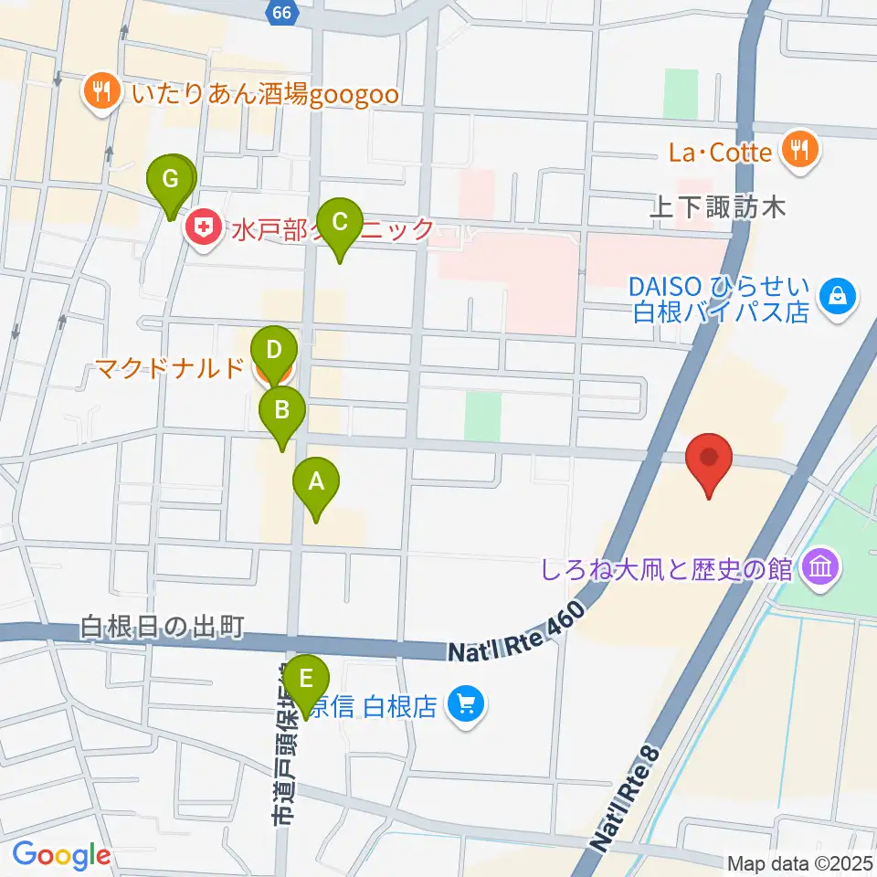 白根学習館 ラスペックホール周辺のファミレス・ファーストフード一覧地図