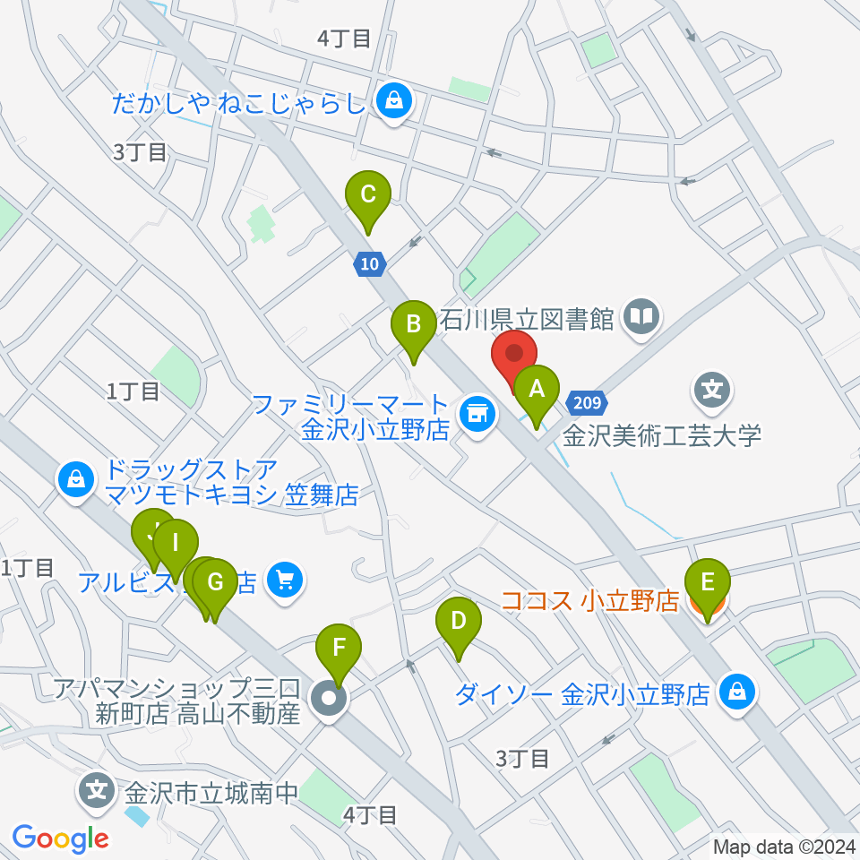 うつのみやカルチャーセンター小立野教室周辺のファミレス・ファーストフード一覧地図