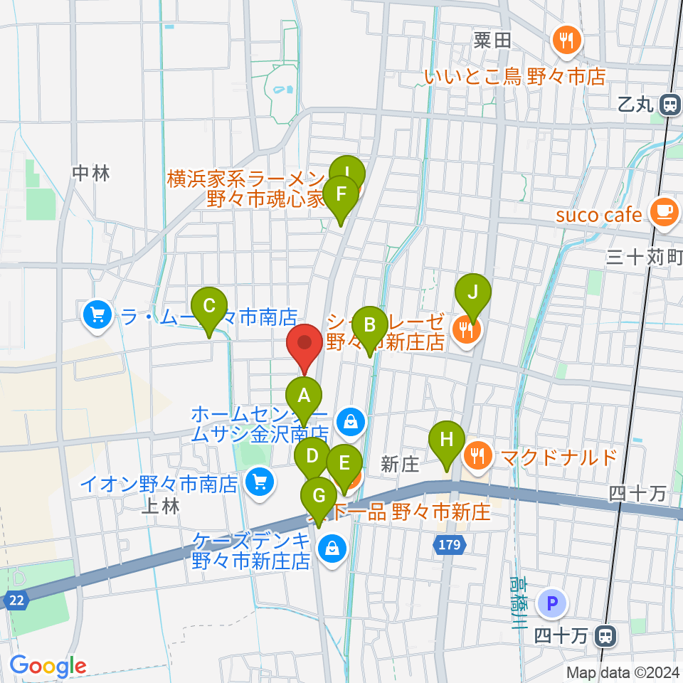 うつのみやカルチャーセンター野々市上林教室周辺のファミレス・ファーストフード一覧地図