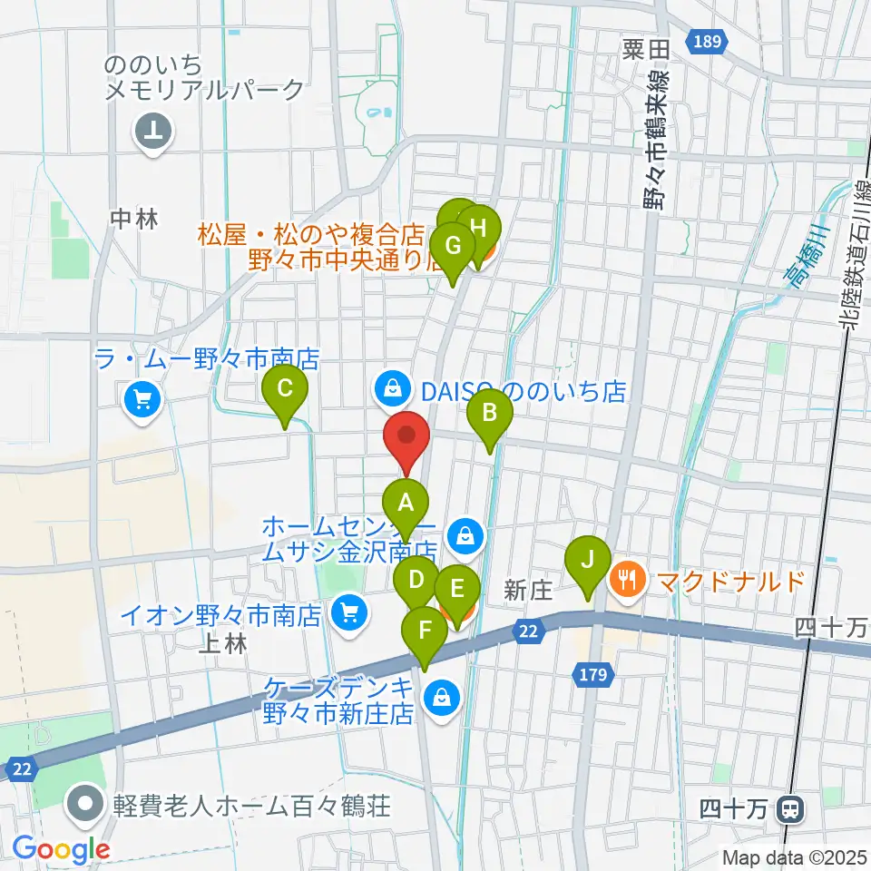 うつのみやカルチャーセンター野々市上林教室周辺のファミレス・ファーストフード一覧地図
