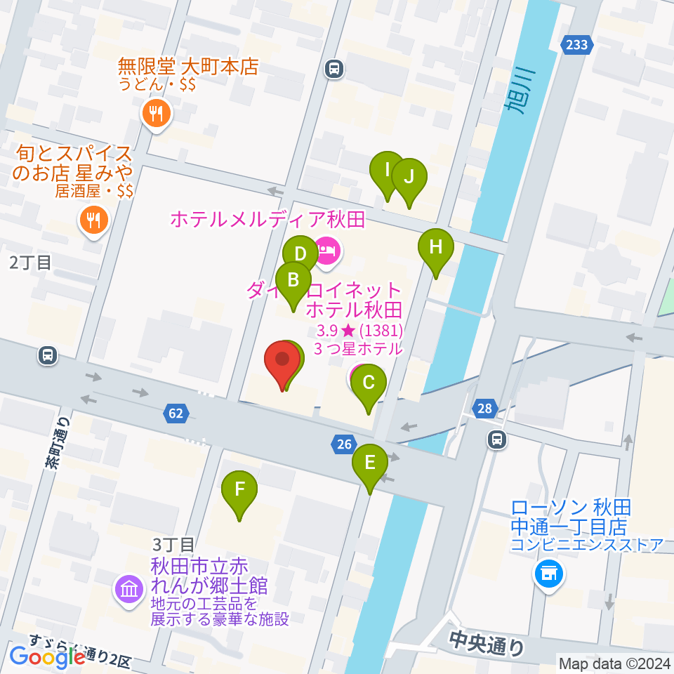 秋田クラブスウィンドル周辺のファミレス・ファーストフード一覧地図