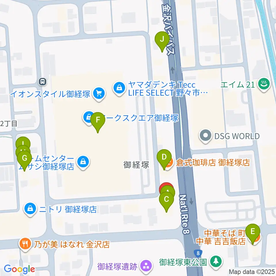 うつのみやミューズイン周辺のファミレス・ファーストフード一覧地図