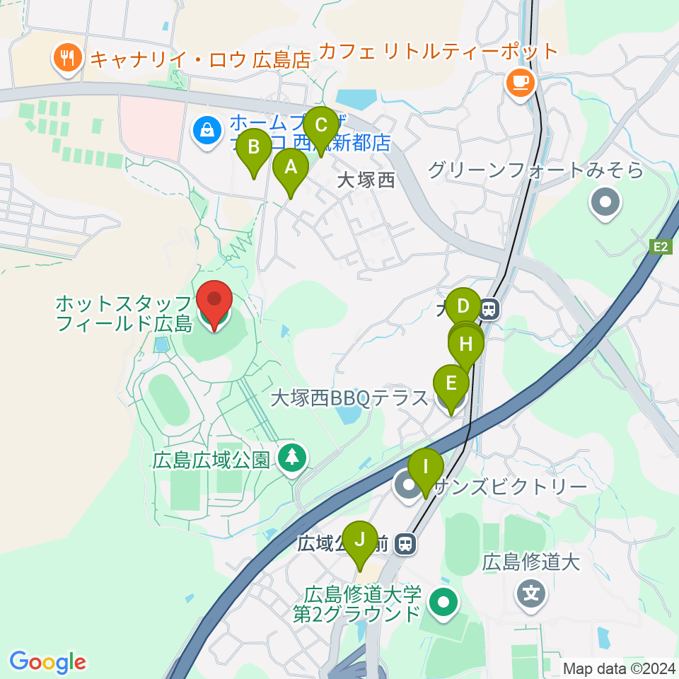 ホットスタッフフィールド広島周辺のファミレス・ファーストフード一覧地図