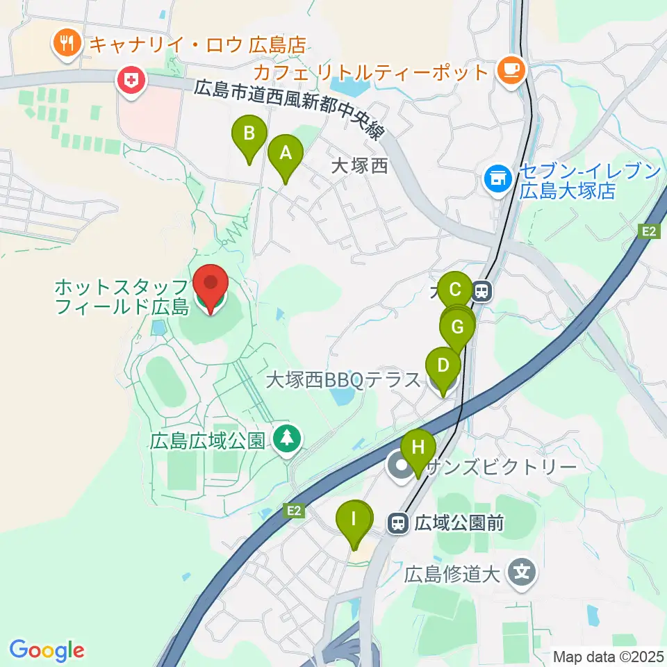 ホットスタッフフィールド広島周辺のファミレス・ファーストフード一覧地図