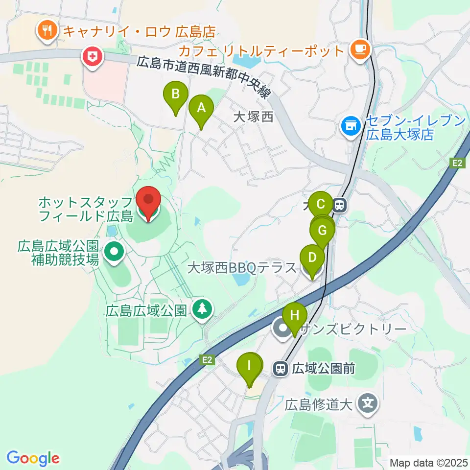 ホットスタッフフィールド広島周辺のファミレス・ファーストフード一覧地図