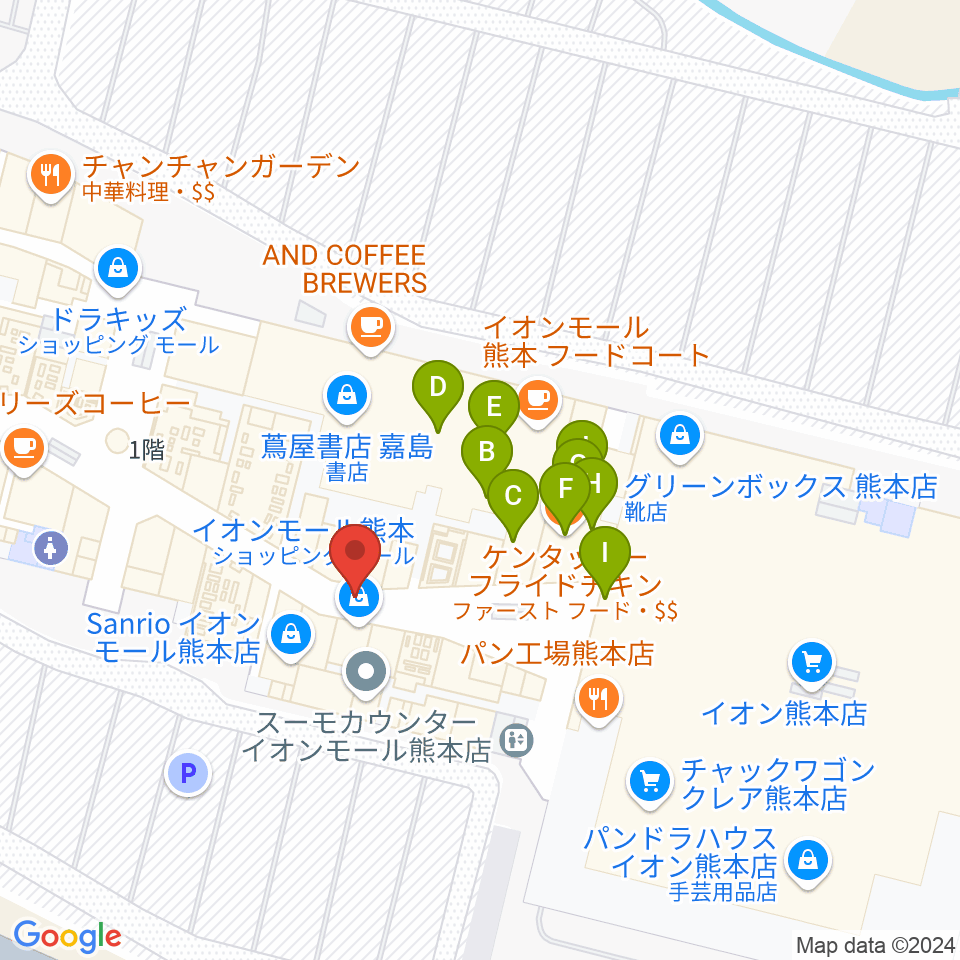 JEUGIAカルチャーセンター イオンモール熊本周辺のファミレス・ファーストフード一覧地図