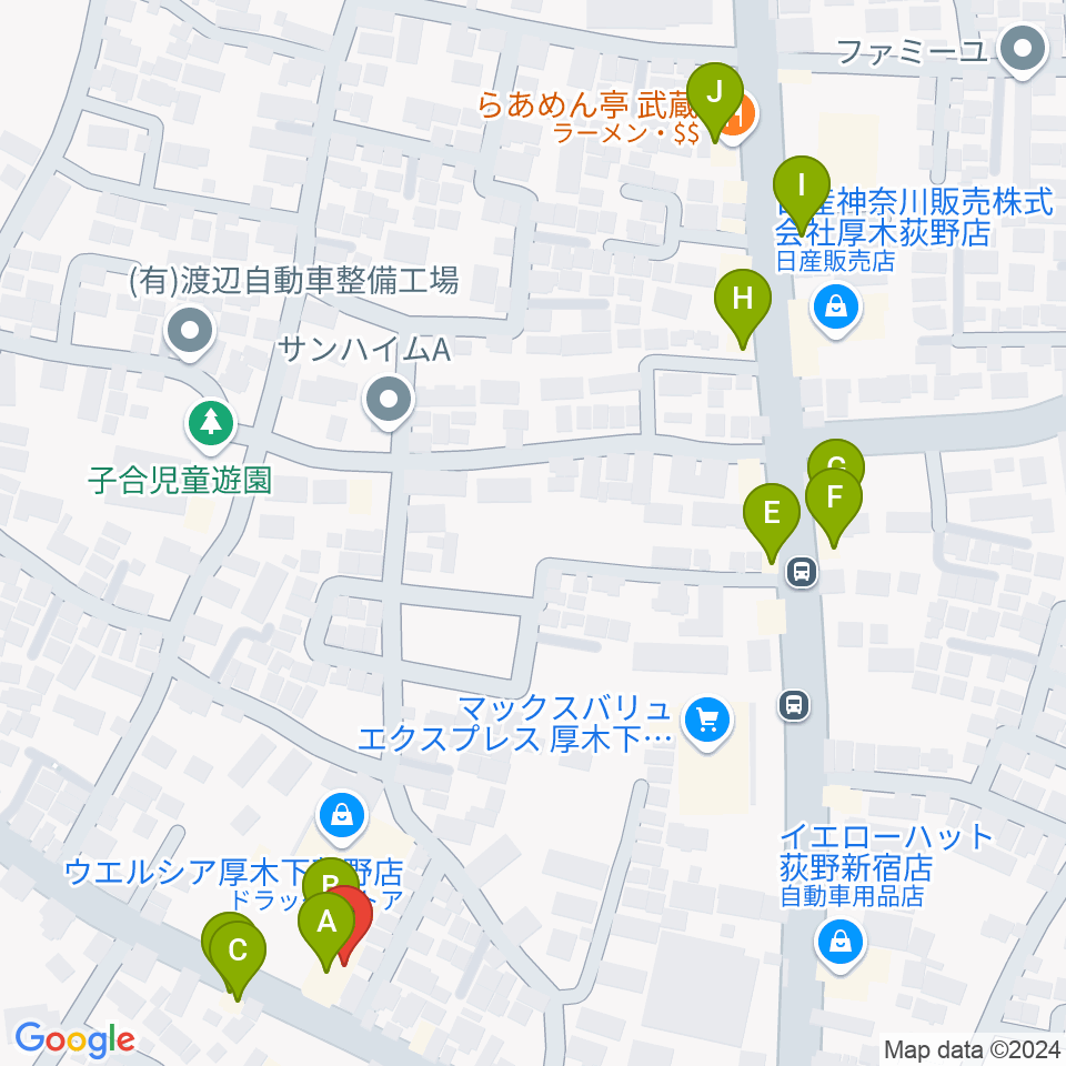 厚木楽器 アミ荻野周辺のファミレス・ファーストフード一覧地図