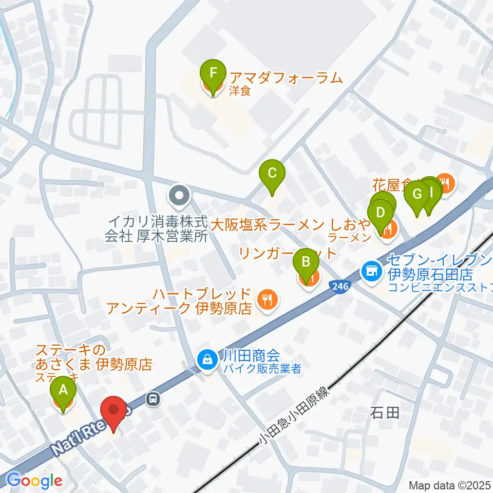 厚木楽器 アミ愛甲石田周辺のファミレス・ファーストフード一覧地図
