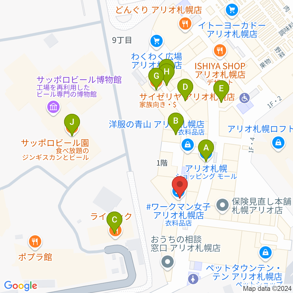 タワーレコード アリオ札幌店周辺のファミレス・ファーストフード一覧地図