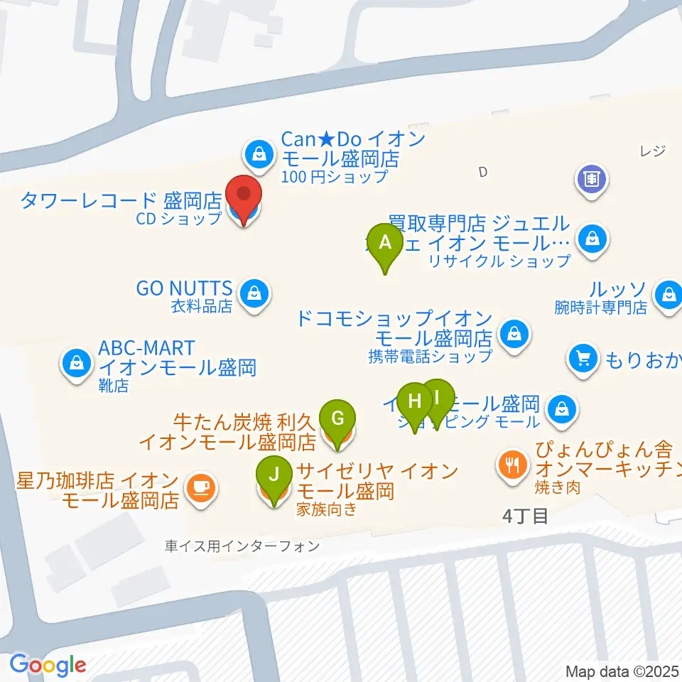 タワーレコード盛岡店周辺のファミレス・ファーストフード一覧地図