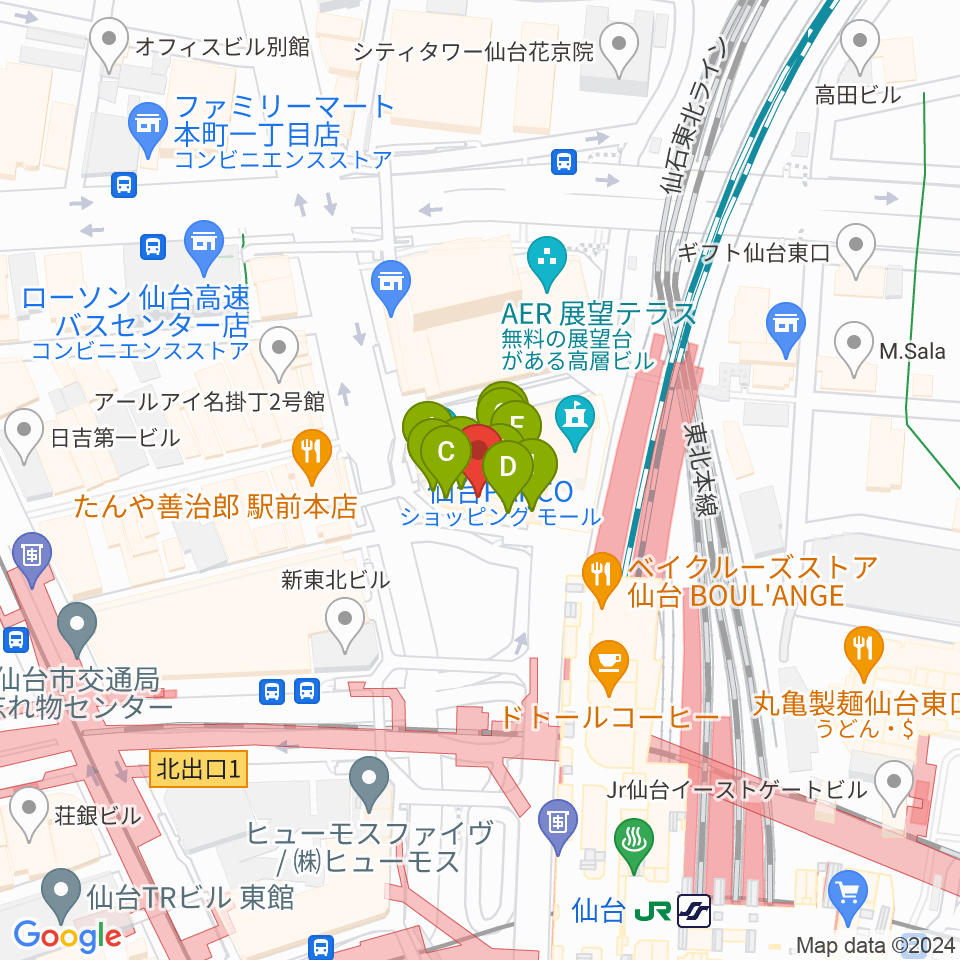 タワーレコード 仙台パルコ店周辺のファミレス・ファーストフード一覧地図