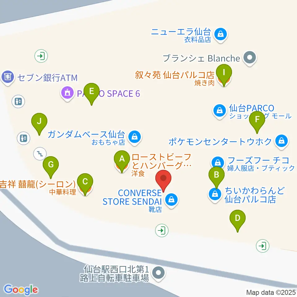 タワーレコード 仙台パルコ店周辺のファミレス・ファーストフード一覧地図