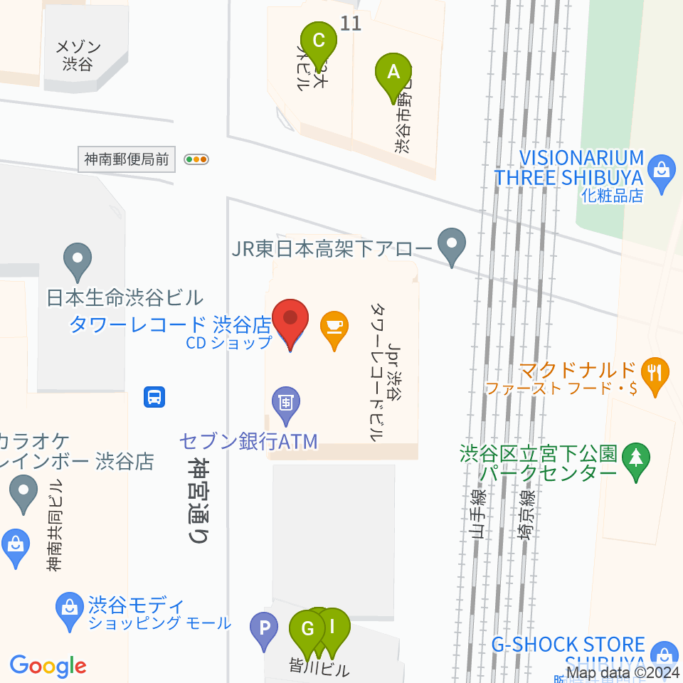 タワーレコード渋谷店周辺のファミレス・ファーストフード一覧地図