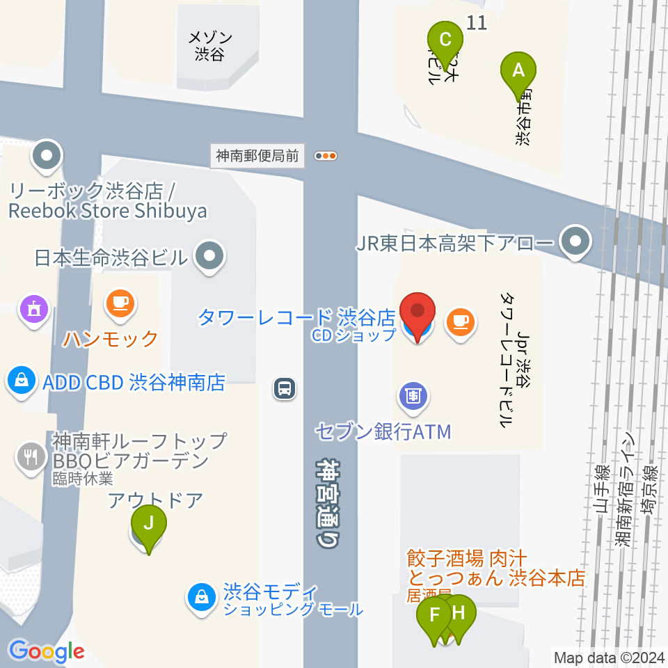 タワーレコード渋谷店周辺のファミレス・ファーストフード一覧地図