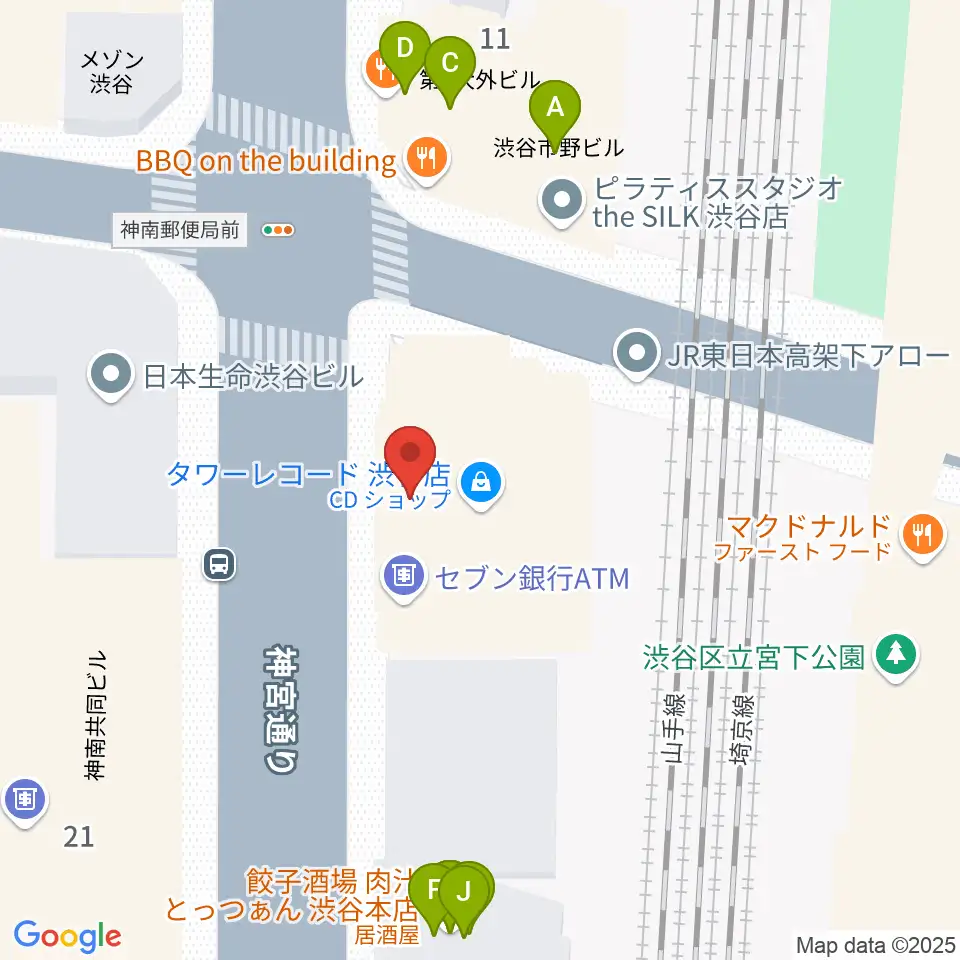 タワーレコード渋谷店周辺のファミレス・ファーストフード一覧地図