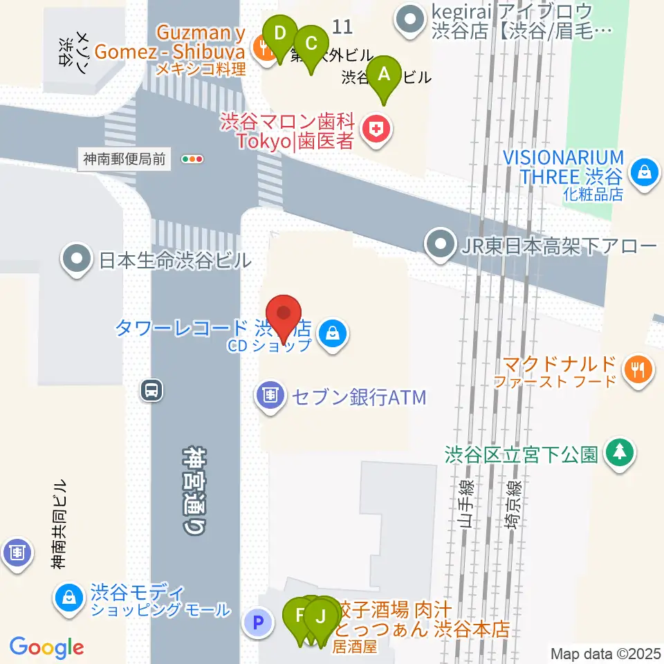 タワーレコード渋谷店周辺のファミレス・ファーストフード一覧地図