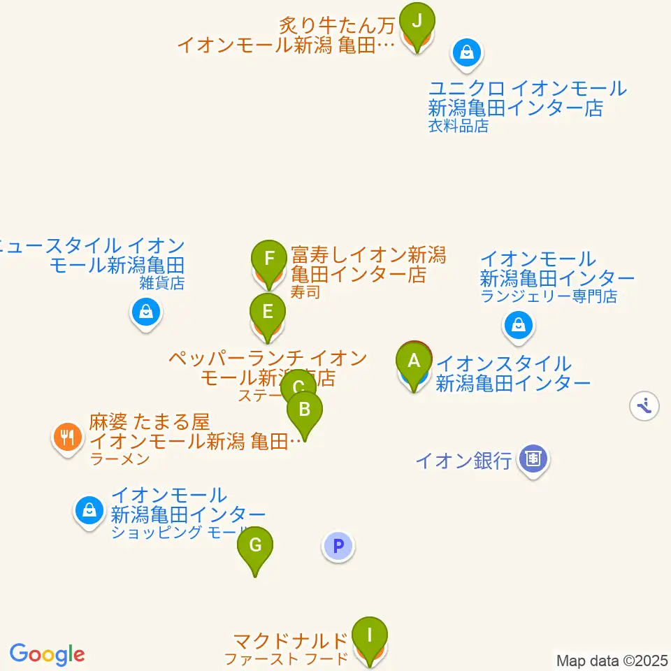 JEUGIAカルチャーセンター イオンモール新潟南周辺のファミレス・ファーストフード一覧地図