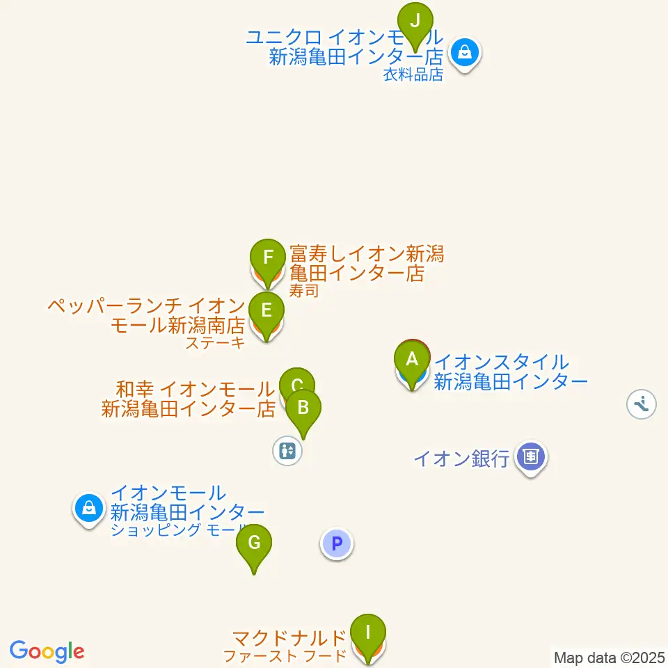 JEUGIAカルチャーセンター イオンモール新潟南周辺のファミレス・ファーストフード一覧地図