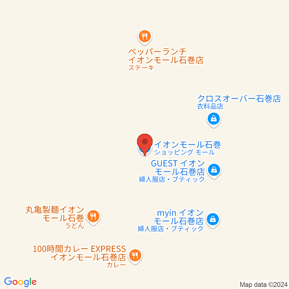 JEUGIAカルチャーセンター イオンモール石巻周辺のファミレス・ファーストフード一覧地図