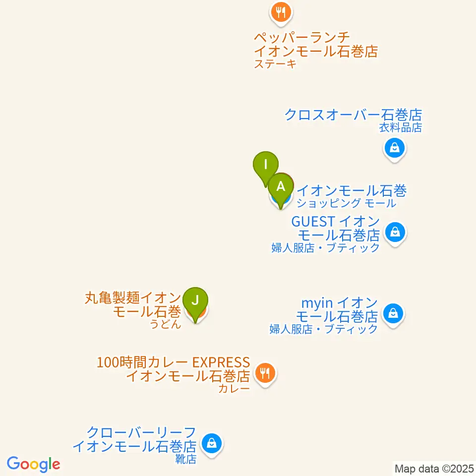 JEUGIAカルチャーセンター イオンモール石巻周辺のファミレス・ファーストフード一覧地図