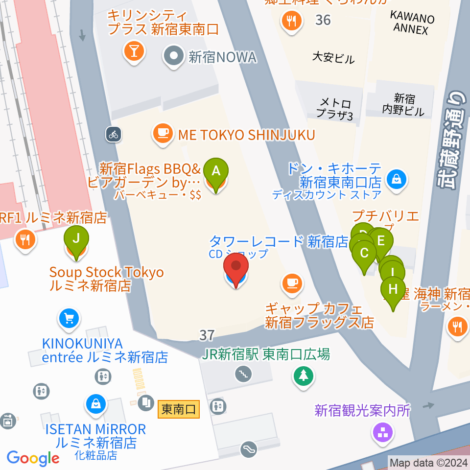 タワーレコード新宿店周辺のファミレス・ファーストフード一覧地図