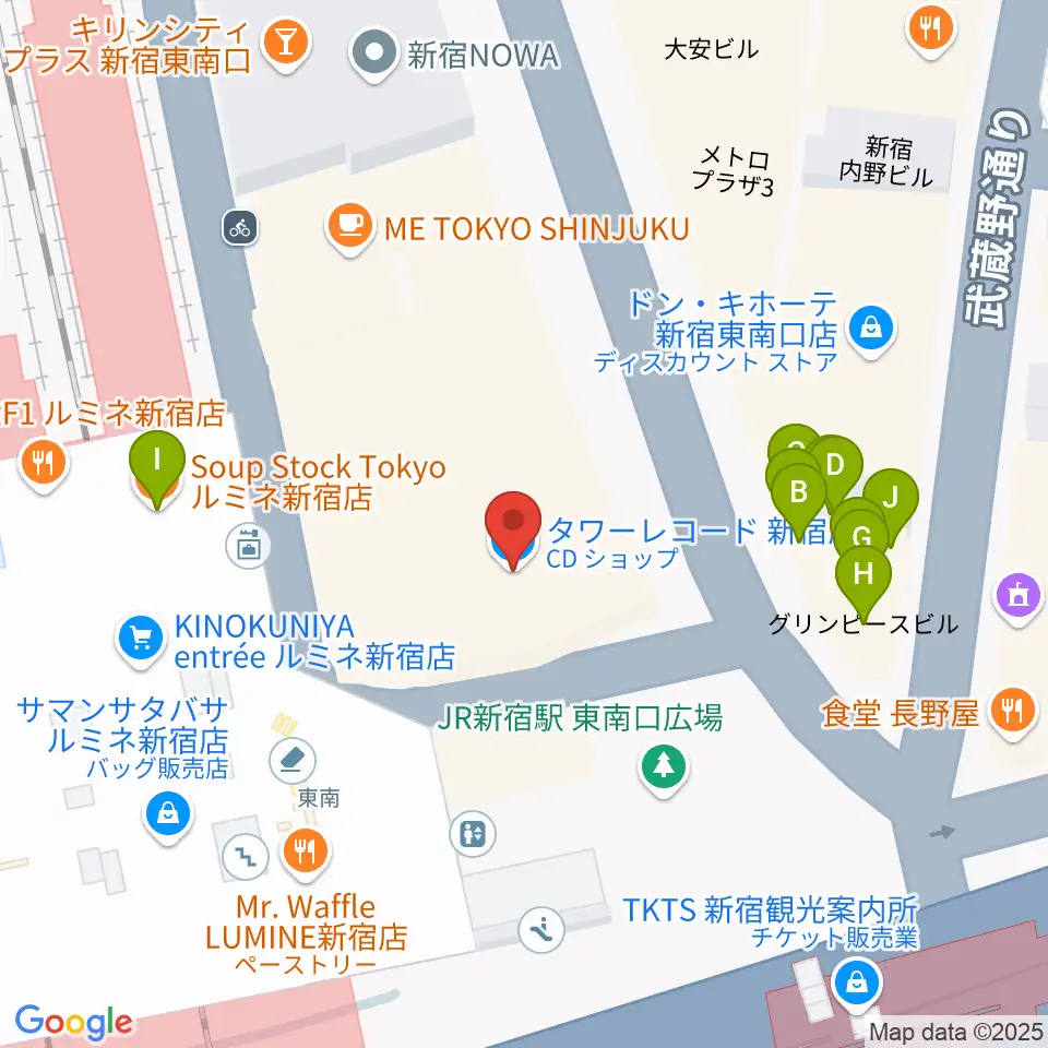 タワーレコード新宿店周辺のファミレス・ファーストフード一覧地図