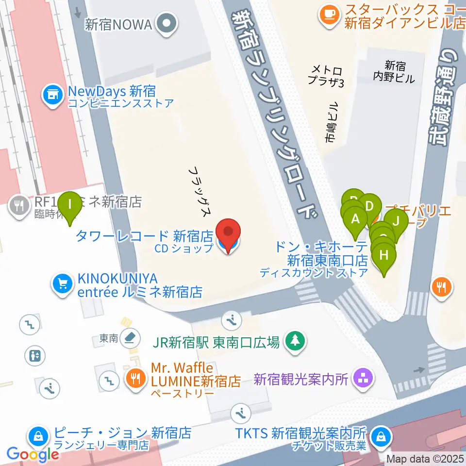タワーレコード新宿店周辺のファミレス・ファーストフード一覧地図