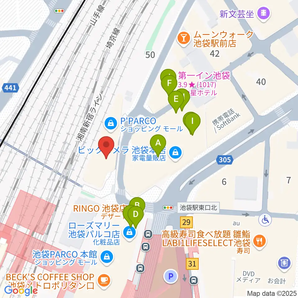 タワーレコード池袋店周辺のファミレス・ファーストフード一覧地図
