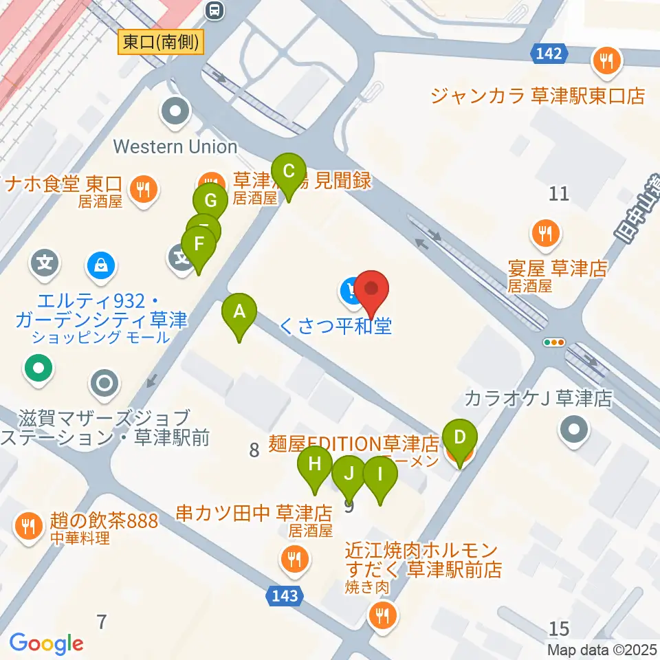 JEUGIAカルチャーセンター くさつ平和堂周辺のファミレス・ファーストフード一覧地図