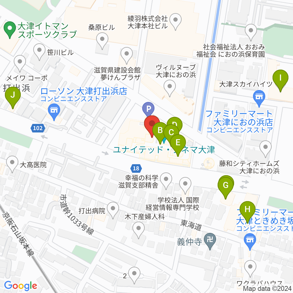 JEUGIAカルチャーセンター大津テラス周辺のファミレス・ファーストフード一覧地図