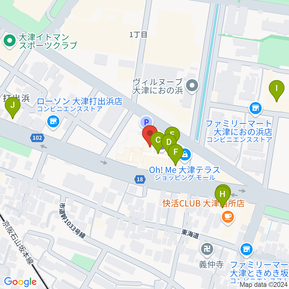 JEUGIAカルチャーセンター大津テラス周辺のファミレス・ファーストフード一覧地図