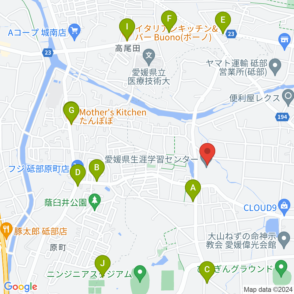 愛媛県生涯学習センター周辺のファミレス・ファーストフード一覧地図