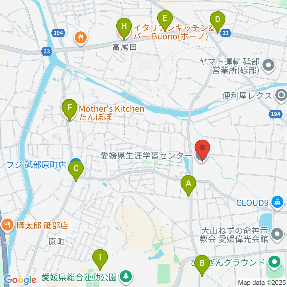 愛媛県生涯学習センター周辺のファミレス・ファーストフード一覧地図