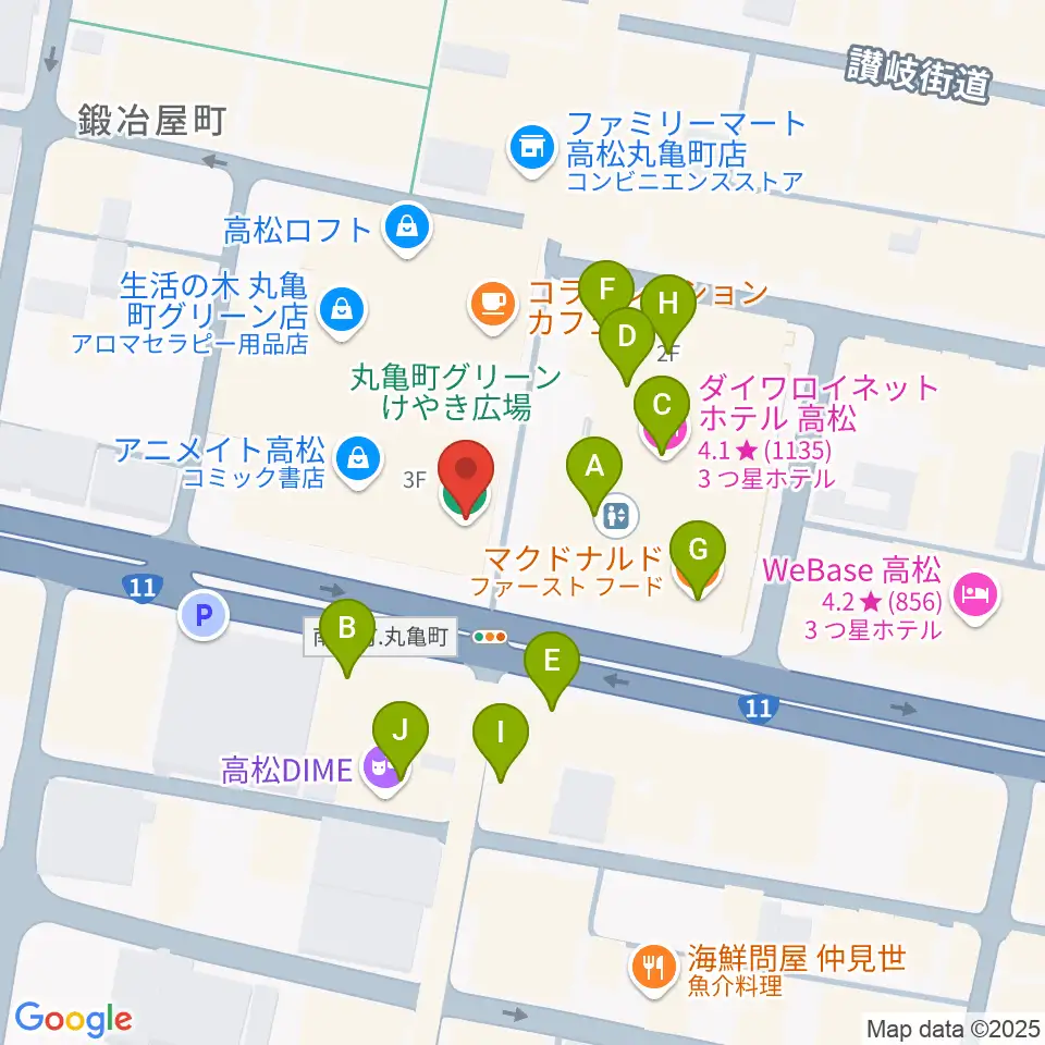 タワーレコード 高松丸亀町店周辺のファミレス・ファーストフード一覧地図