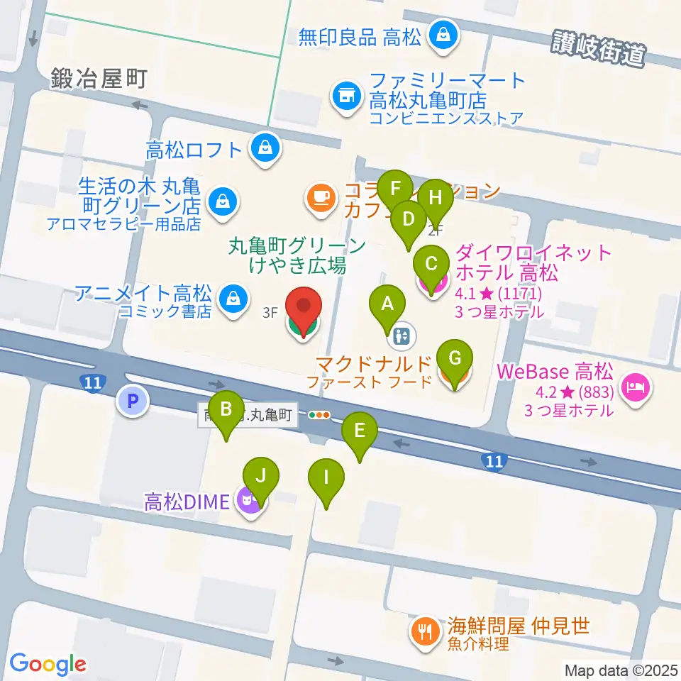 タワーレコード 高松丸亀町店周辺のファミレス・ファーストフード一覧地図