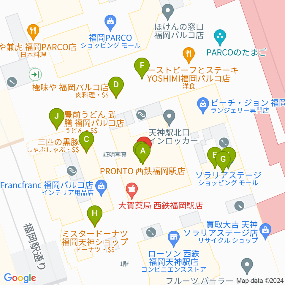 タワーレコード 福岡パルコ店周辺のファミレス・ファーストフード一覧地図