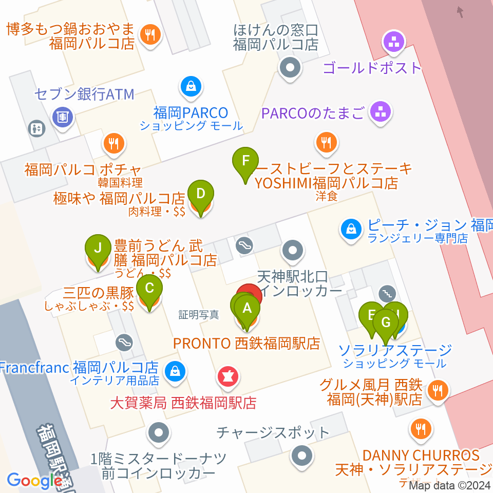 タワーレコード 福岡パルコ店周辺のファミレス・ファーストフード一覧地図