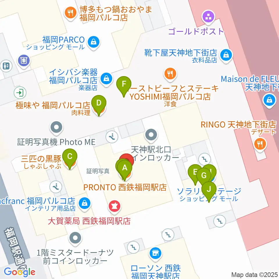 タワーレコード 福岡パルコ店周辺のファミレス・ファーストフード一覧地図