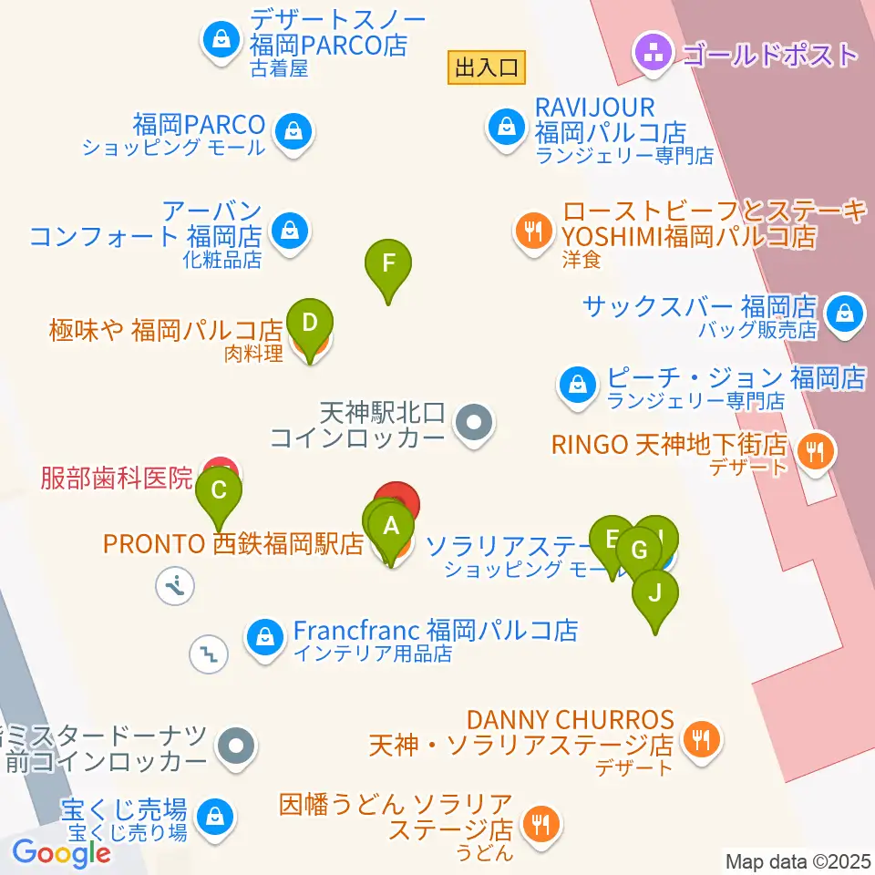 タワーレコード 福岡パルコ店周辺のファミレス・ファーストフード一覧地図