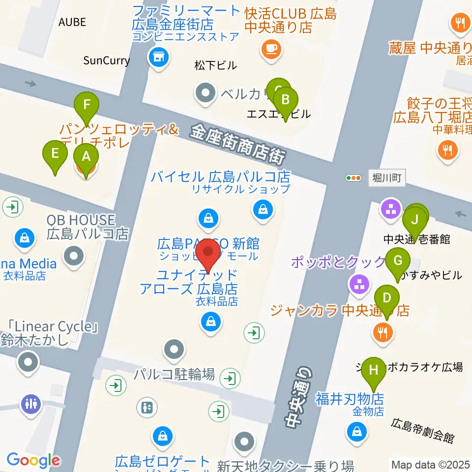 タワーレコード 広島店周辺のファミレス・ファーストフード一覧地図