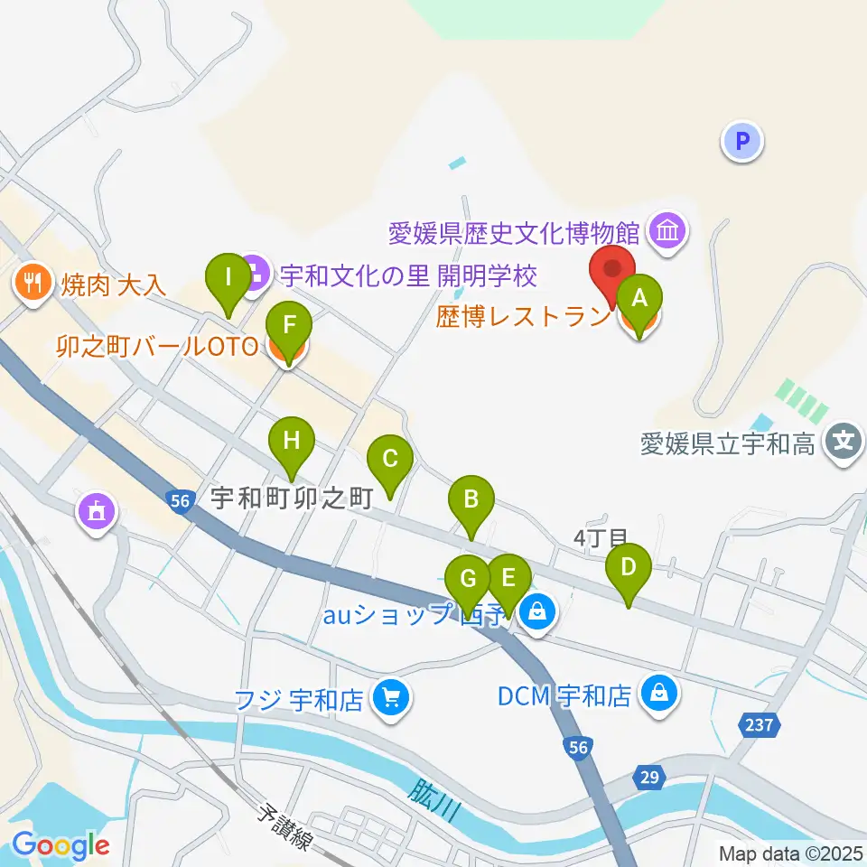 愛媛県歴史文化博物館周辺のファミレス・ファーストフード一覧地図